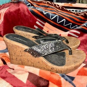 Maurices Black Wedge Sandals with Cork Heel size 11 black glitter straps